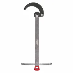This metal basin wrench features a telescoping handle that extends to 17 inches, with an overall width of 5 5/8 inches. It is designed for tightening or loosening nuts on faucet mounting hardware in confined spaces under sinks. The adjustable jaw accommodates nut sizes from 0.125 to 2.5 inches.