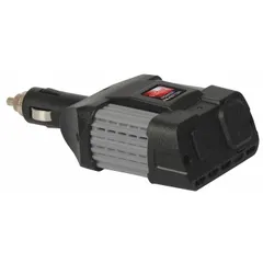 This inverter converts 12V DC from a vehicle cigarette lighter into 115V AC power at 100W continuous output. Output frequency is 59 to 61 Hz with modified sine wave form. Suitable for powering or charging small electronics and portable devices in automotive or mobile applications.