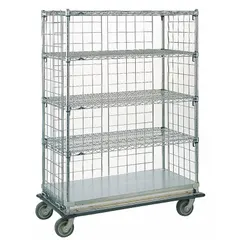Steel medical exchange cart with 4 shelves and 0 drawers. Equipped with (4) swivel casters for maneuverability. Used in healthcare facilities for transporting and organizing medical supplies.