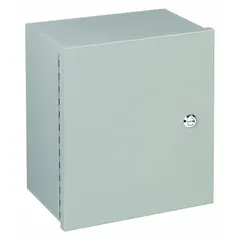 NEMA 1 steel enclosure measuring 8 in x 6 in x 4 in with a solid hinged cover secured by a 1/4-turn latch. Painted finish. Knockouts not included. Used for housing electrical components in dry indoor environments requiring basic protection against dust and incidental contact.