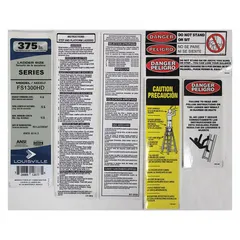 Replacement label kit for Louisville Ladder FS1312HD models. Contains safety and identification labels to replace worn or missing originals. Compatible with Louisville Ladder brand equipment.