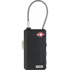 This TSA approved combination padlock features a black plastic body and a steel flex shackle. The black dial allows for easy setting of a personal combination. Designed for securing luggage during air travel, it enables TSA agents to open the lock with a master key for inspection without damage.