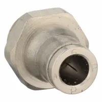 Nickel-plated brass push-to-connect adapter fitting with MBSPP thread. Connects 6 mm OD tubing to 1/4 in pipe size. Suitable for pneumatic or fluid systems requiring a secure, push-to-connect interface