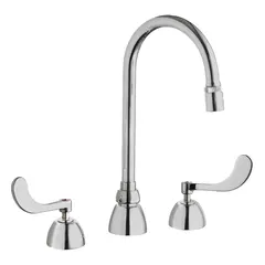 Cast brass widespread deck-mounted faucet with a gooseneck spout and two handles. Suitable for commercial kitchen or bathroom installations requiring a durable, two-handle operation.