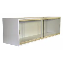 Steel overhead cabinet for workbench storage. White finish. 60-inch width, 16-inch depth, 18-inch height. Includes mounting hardware. Suitable for organizing tools and supplies in industrial or facility settings.