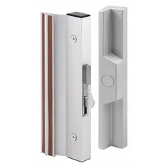 This recessed handle is designed for sliding doors in commercial or industrial settings. It provides a flush-mounted grip and locking function. Dimensions: height 7 3/16 in, width 3/4 in, length 2 1/2 in.