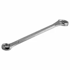 Chrome-plated steel SAE double-end box end wrench with 6-point openings for 1-1/2 in and 1-1/8 in hex fasteners. Overall length of 15-1/2 in provides leverage for tightening or loosening nuts and bolts in automotive, trailer, and industrial assembly applications.