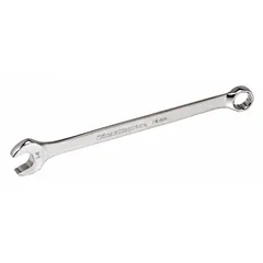 This 28 mm metric combination wrench features a 12-point box end and an open end, both with a full polish finish. The offset design provides clearance over obstructions. Overall length is 16 inches. Suitable for tightening and loosening fasteners in mechanical and industrial settings.
