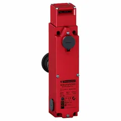Solenoid-actuated safety-interlock switch with pivoting actuator and 1/2 in NPT conduit. Features 1NO/2NC contacts. Used to guard access on industrial machinery, preventing operation when the guard is open.