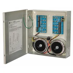 Steel-enclosed power supply board providing 24VAC at 25A from a 115V AC input. Features eight fused outputs for distributed power in industrial control, security, and access control applications.