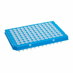 96-well polypropylene PCR plate with round wells, each 0.25 mL capacity and 5.46 mm diameter. White body color. RNase/DNase free for nucleic acid amplification workflows. Non-sterile.