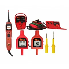 Circuit tester kit for diagnosing electrical faults in 12-24 VDC vehicle systems. Includes tester with probe tip, leads, and accessories for testing circuits, components, and grounds without piercing wires. Supports both positive and negative battery connections for comprehensive testing.