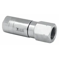 Nickel-plated C38500 brass rotating joint with single passage for air service. 1/4 in stationary port, maximum speed 30 RPM. Used to transfer compressed air from a stationary supply to rotating machinery such as indexing tables or rotary actuators in low-speed automation applications.