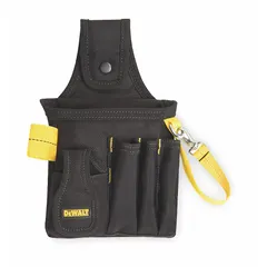 Black polyester tool pouch with five pockets and open-top closure. Attaches via belt slot designed for belts up to 2 inches wide. Suitable for carrying hand tools such as screwdrivers and pliers on job sites.