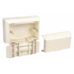 This offset 1-gang device box is made of plastic in an off-white finish. It mounts via screw-on attachment to Pan-Way® T-45 nonmetallic single-channel raceways. Typical applications include providing a junction point for electrical devices in surface-mounted raceway systems.
