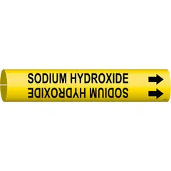 Snap-on pipe marker for identifying pipes carrying sodium hydroxide. Yellow background with black legend and directional arrows. Fits pipe outer diameter 4 to 6 inches. Suitable for industrial piping systems requiring clear content and flow direction labeling.