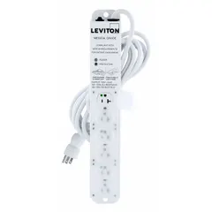This LEVITON surge protector outlet strip provides 6 outlets with a 15 ft cord, 644 J rated energy, and 20 A current. It features a screw mounting style and a white finish with a 5-15P plug. Designed for healthcare environments, it helps protect sensitive equipment from power surges.