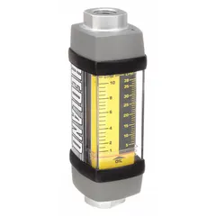 Scale-type, variable area inline flowmeter with NPTF connections for measuring petroleum fluid flow rates. Features Viton seals and O-rings, universal mounting orientation, and +/-2% accuracy. Measures flow in gallons. Suitable for hydraulic circuits, lubrication systems, and oil transfer applications.