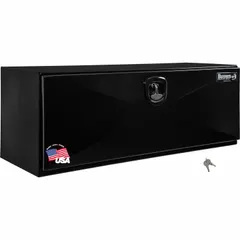 This single drop-down door box from BUYERS PRODUCTS is designed for secure storage of tools and equipment. It features a black finish, an 18-inch overall depth, and a keyed lock for security. Commonly used for underbody truck storage in fleet and service vehicles.