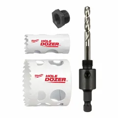 This 3-piece bi-metal hole saw kit covers sizes from 1 in to 2 1/8 in with 4/6 teeth per inch. Suitable for cutting wood, metal, and plastic in construction, electrical, and plumbing applications.