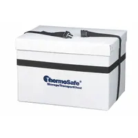 This insulated shipping container consists of a gray EPS foam insert with 1.5 in wall thickness and a fiberboard outer box. It is used for maintaining temperature stability during transit of temperature-sensitive goods