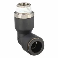 Nylon and nickel-plated brass push-to-connect elbow fitting for 16 mm OD tube to 1/2 in male BSPT thread. Used in pneumatic and fluid handling systems where a compact 90-degree connection is required