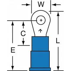 Vinyl insulated ring terminal for #4 stud size, accepting 16 AWG to 14 AWG wire. Rated 600 V. Used for secure electrical connections in control panels, power distribution, and general wiring applications.
