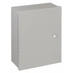 This NEMA 1 steel indoor enclosure features a hinged solid cover with a 1/4-turn latch closure. Measuring 16 x 12 x 6 inches, it is painted and does not include knockouts. Suitable for housing electrical components, controls, and wiring in dry indoor environments.