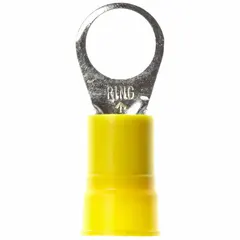 Nylon-insulated ring terminal rated for 1000 V, accepting 4 AWG wire and fitting a 1/2 in stud. Suitable for power distribution, control panels, motor connections, and heavy equipment terminations requiring vibration resistance.
