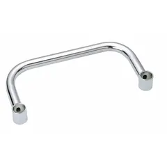 This push handle is designed for use with Super Erecta wire shelving systems. It is constructed of steel with a chrome finish and measures 36 inches by 7 inches by 1.5 inches. The handle facilitates the movement and repositioning of loaded shelving units in commercial and industrial storage environments.
