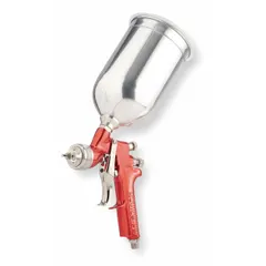 This HVLP spray gun from DEVILBISS is designed for applying paints and coatings. It features a 1.8 mm fluid tip and a 1 qt cup capacity, with a 1/4 in air inlet and air consumption of 16 cfm at 30 psi. Suitable for medium-to-heavy material spraying in finishing applications.