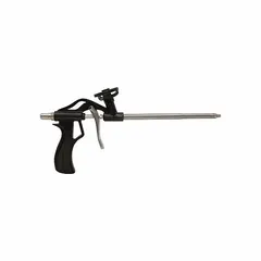 Metal spray applicator gun for use with polyurethane foam cartridges. Designed for dispensing expanding foam into gaps, cracks, and cavities for air sealing and insulation in construction and sealing applications.