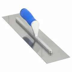 Square-end finishing trowel with a carbon steel blade, 4 in width. Used for smoothing and finishing concrete, plaster, and mortar surfaces. Square blade shape facilitates work in corners and along edges.