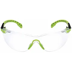 Frameless safety glasses with padded comfort-fit design and clear Scotchgard™ Advanced Anti-Fog lenses. Black/Green frame. Suitable for eye protection in industrial environments such as machining, material handling, and maintenance.