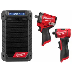 This 12 V DC cordless kit includes a die grinder, an impact wrench, and a radio, sold as tool only (no battery or charger). The die grinder is suited for surface preparation and light grinding, the impact wrench for fastening and bolt removal, and the radio for jobsite audio. Typical applications include automotive repair, metalworking, and construction tasks requiring portable 12 V power.