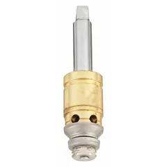 This brass disc faucet cartridge features a chrome finish and ceramic disc, designed for hot water use. It includes one stem and is intended as a replacement part for faucets requiring a hot-water cartridge. Typical applications include commercial or institutional faucets where precise temperature control is needed.
