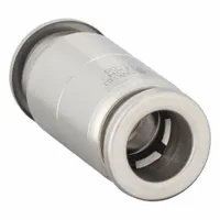 This stainless steel union fitting connects two 3/8 in OD tubes in pneumatic systems. It features push-to-connect ends for tool-free installation and a silver finish. Suitable for use in automation, packaging, and material handling applications requiring leak-free air-line connections