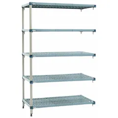 This METRO shelving unit features five steel shelves with a quick-adjust mechanism for easy repositioning. The steel frame and shelves have antimicrobial resistance properties to inhibit microbial growth. Overall height is 74 inches, with each shelf measuring 24 inches by 24 inches. Suitable for environments requiring sanitary storage, such as healthcare, food service, and laboratory settings.