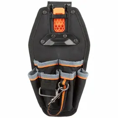 Polyester tool pouch with six pockets and clip attachment, designed to fit belts up to 2 1/2 in wide. Measures 6 1/2 in W x 3 1/4 in D x 11 in H in Black/Gray/Orange. Suitable for carrying and organizing pliers and other hand tools on a belt.
