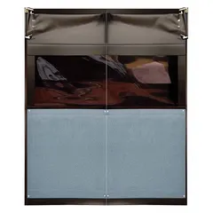 This general purpose swinging door assembly consists of two gray PVC doors, each 5 ft wide by 8 ft high, with an integrated PVC window. It includes door seals, bumpers, and mounting hardware, and meets USDA standards. Suitable for use in industrial and commercial facilities requiring a durable, easy-to-clean passageway.