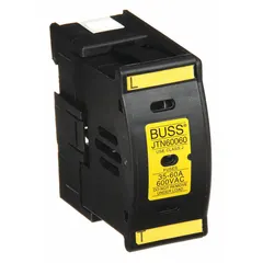 The BUSSMANN JTN60060 is a 1-pole UL Class J fuse block rated for 600 V AC. It features DIN rail mounting and box lug termination for secure connections. Designed for industrial overcurrent protection, it accommodates Class J fuses in control panels and power distribution systems.