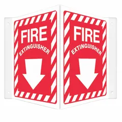 This V-shape projection sign is designed to mark fire extinguisher locations. Made of 0.06 in thick PETG, it features mounting holes for secure installation. The sign measures 12 x 14 in and is non-retroreflective with no glow-in-the-dark or anti-slip properties.