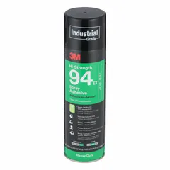 3M Hi-Strength 94ET is a clear, high-tack spray adhesive in a 24 fl oz aerosol can with a pebble spray pattern. It bonds wood and secondary materials such as metals, and is Greenguard Certified for interior use. This adhesive is used in woodworking and specialty vehicle applications.