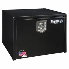This single drop-down door box from BUYERS PRODUCTS features a gloss black finish and a keyed lock for secure storage. Designed for underbody mounting on trucks, it provides organized tool and equipment access for fleet and vehicle maintenance applications.
