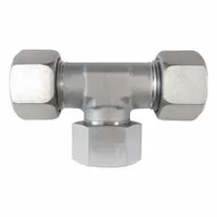 This flareless bite-type steel compression tee fitting from the D6600 series features a swivel design and M14x1.5 threads on all three ports. It is used to branch tubing lines in hydraulic or pneumatic systems, providing secure connections in confined spaces