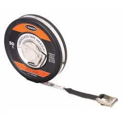 Manual closed-reel long tape measure with a 50 ft fiberglass blade marked in SAE increments of 1/8 in. Single-sided hook-end design with a nonmagnetic single hook. Stainless steel construction. Suitable for measuring distances in construction, surveying, and industrial layout applications.