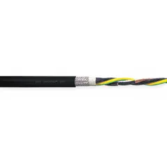 Continuous flexing power cable for variable frequency drives, with 6 AWG copper conductors, 4 conductors plus ground, PVC jacket, and 1000 V rating. Heat resistant and CE certified. Suitable for fixed, flexible, and e-chain installations with minimum bend radius factors of 4x, 6x, and 7.5x OD respectively.