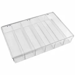 This clear plastic compartmented box from FLAMBEAU features fixed dividers creating individual compartments measuring 2-1/16 x 2-1/8 in. It is not electrostatic discharge conductive. Commonly used for organizing and storing small parts such as hardware, fasteners, and craft supplies in workshops or industrial settings.