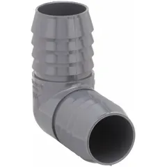 PVC barbed elbow fitting with 1 1/4 in ID barbed ends for connecting tubing in fluid-handling systems. Rated for maximum operating pressure of 220 psi. Suitable for water transfer, irrigation, and chemical processing applications.