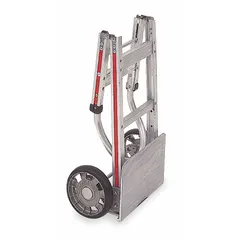 This heavy-duty folding hand truck is designed for transporting boxes, appliances, and equipment in warehouses, loading docks, and commercial facilities. It features an extendable folding frame for compact storage and easy transport. With a 500 lb capacity and silver finish, it measures 14 inches wide by 7 inches deep.